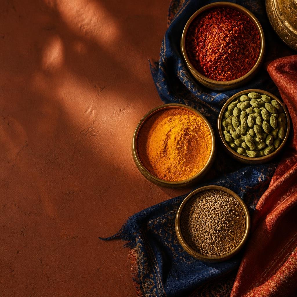 A spread of whole spices and masalas on a warm terracotta table